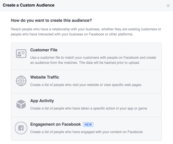 Alegeți cum doriți să creați publicul dvs. personalizat pe Facebook.