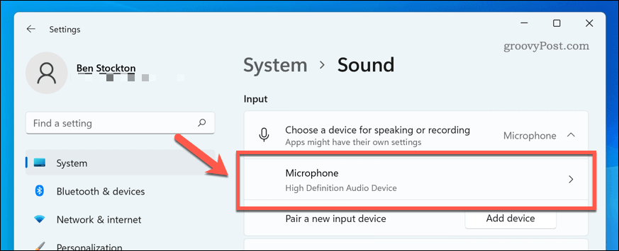 Deschideți dispozitivul microfon în setările de sunet din Windows 11