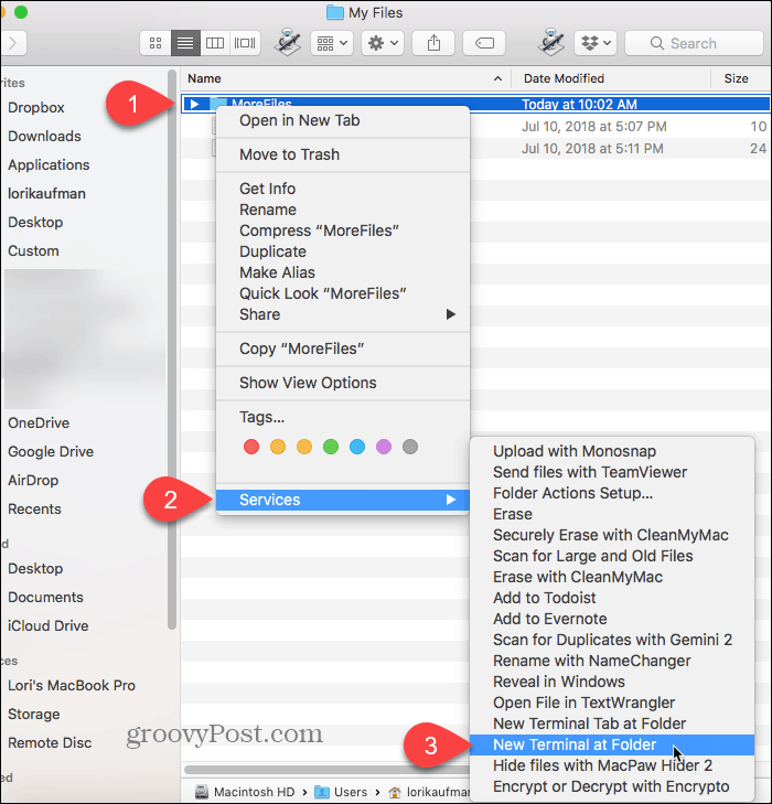 Selectați New Terminal la Folder de pe un Mac