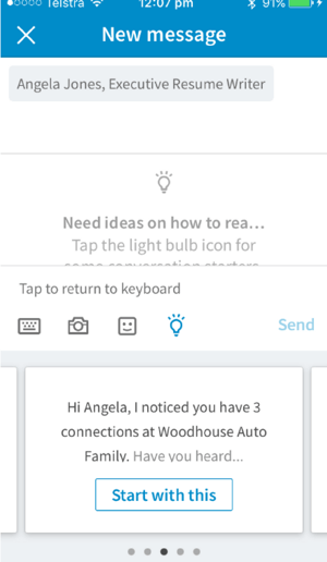 Aplicația mobilă LinkedIn oferă pornire de conversație pe baza conexiunii pe care doriți să o trimiteți.