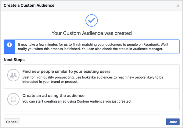 Publicul dvs. personalizat a fost creat mesaj care apare după ce creați un public personalizat Facebook