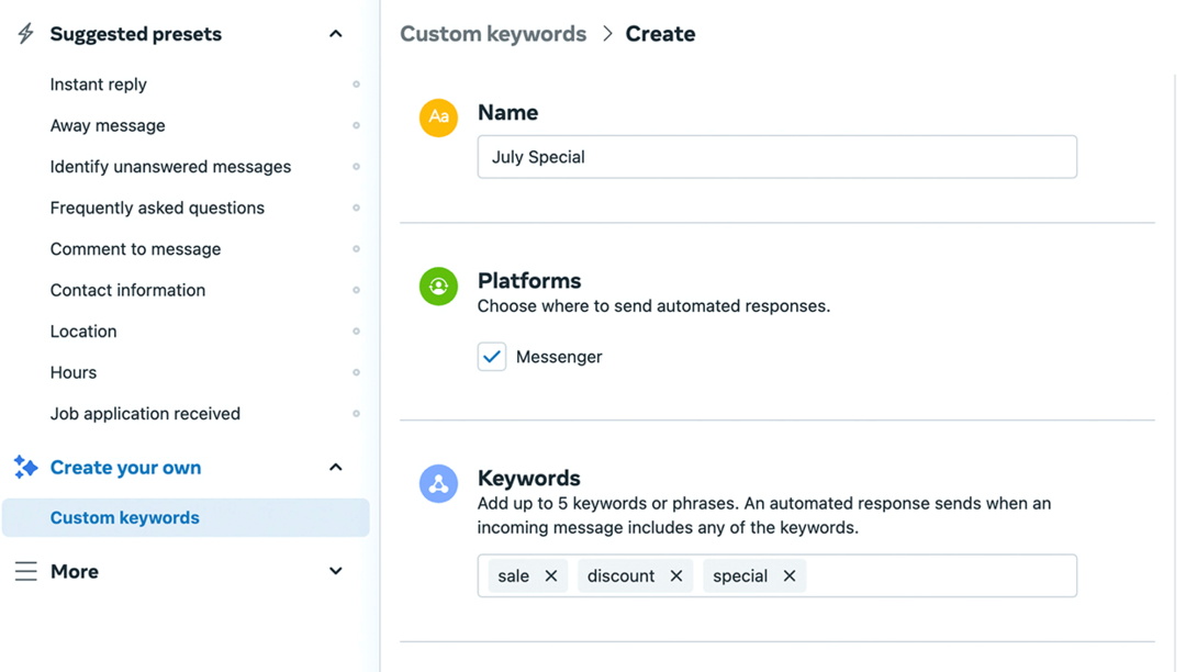 imagine a ecranului de configurare a cuvintelor cheie personalizate din Meta Business Suite