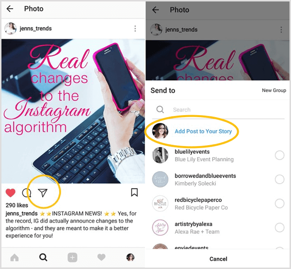 Căutați opțiunea Adăugați o postare la povestea dvs. pentru a vedea dacă aveți acces la funcția de redistribuire Instagram.