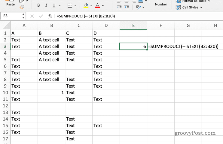 Utilizarea SUMPRODUCT cu ISTEXT în Excel