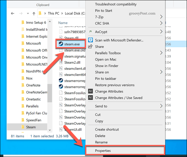 Accesarea proprietăților Steam în Windows File Explorer