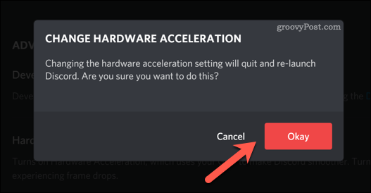 Confirmarea unei modificări a setărilor de accelerare hardware a Discord