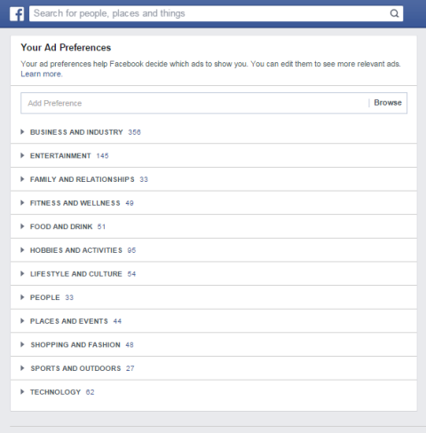 categorii de preferințe publicitare facebook