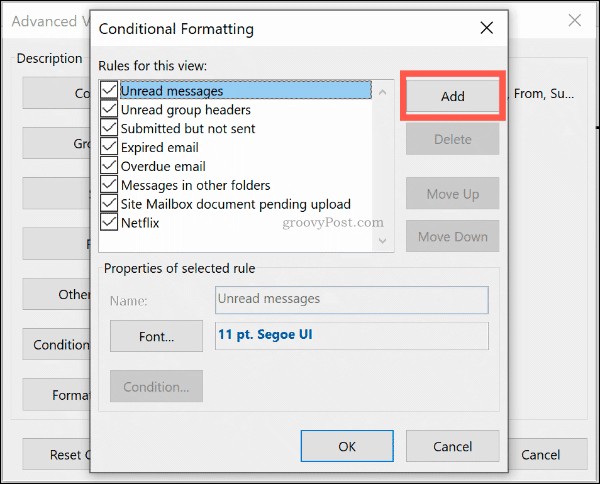 Faceți clic pe Adăugare pentru a adăuga o nouă regulă de format condiționat în Outlook