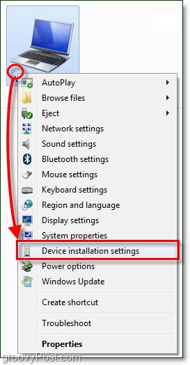 în meniul contextual al computerului dvs. Windows 7 și mergeți la setările de instalare a dispozitivului