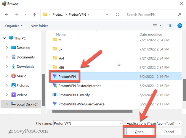 Windows 11 selectează aplicația vpn