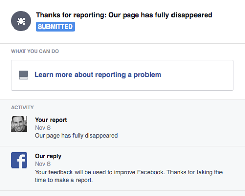 raportarea lipsei paginii de Facebook
