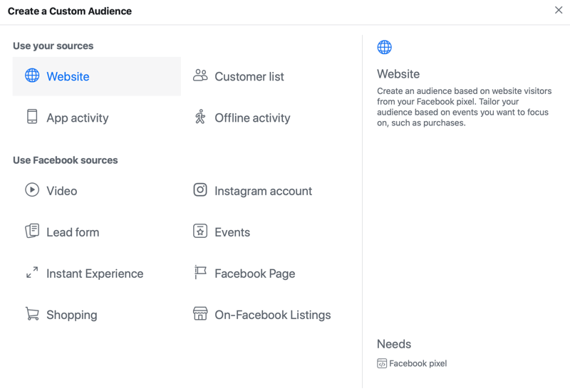 Opțiuni de meniu pentru publicitatea personalizată a anunțului facebook cu opțiunea sursă a site-ului web selectată