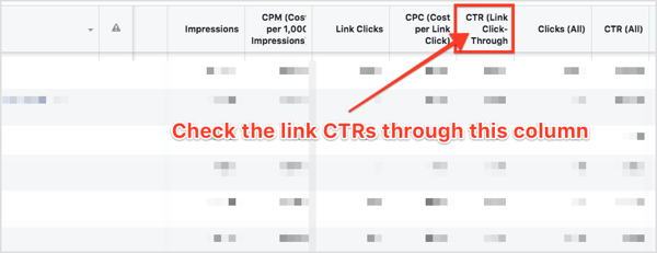 În secțiunea Seturi de anunțuri din tabloul de bord, derulați spre dreapta și găsiți coloana CTR (Link Click-Through).