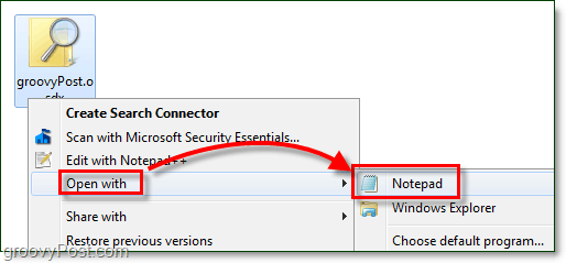 deschideți un conector de căutare cu un bloc de notițe pentru a-l edita în Windows 7