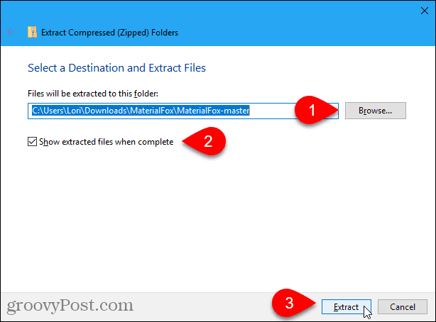 Fereastra de dialog Extragere Windows 10