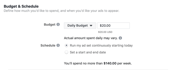 Manager Facebook Ads, secțiunea Buget și programare pentru setul de anunțuri