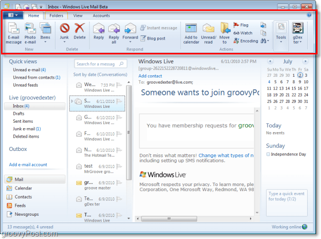 noua panglică nouă pentru Windows live mail