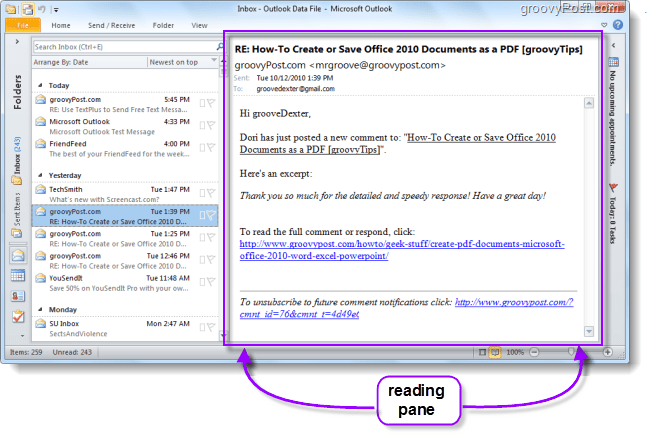 Cum să schimbați locația panoului de citire implicit în Outlook 2010 și faceți e-mailurile mai ușor de citit