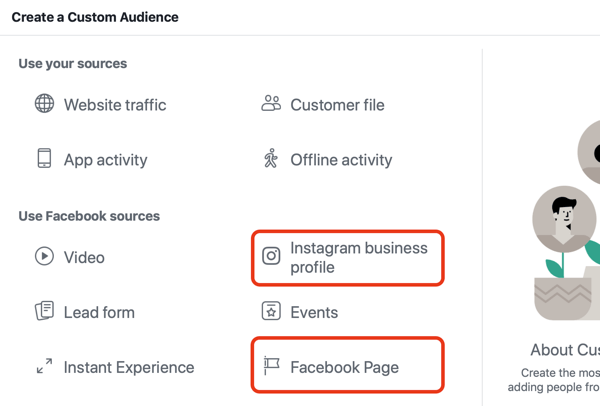 Utilizați reclame Facebook pentru a face publicitate persoanelor care vă vizitează pagina de Facebook sau Instagram, Pasul 1.