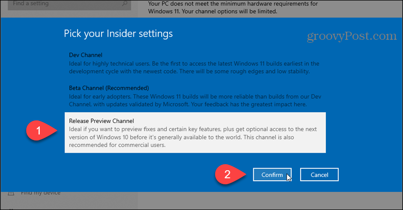 Selectați canalul de previzualizare a lansării pentru programul Windows Insider