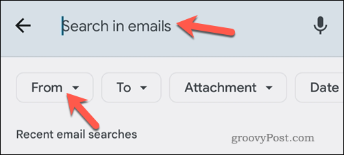 Căutarea e-mailurilor Gmail prin e-mail în aplicația mobilă