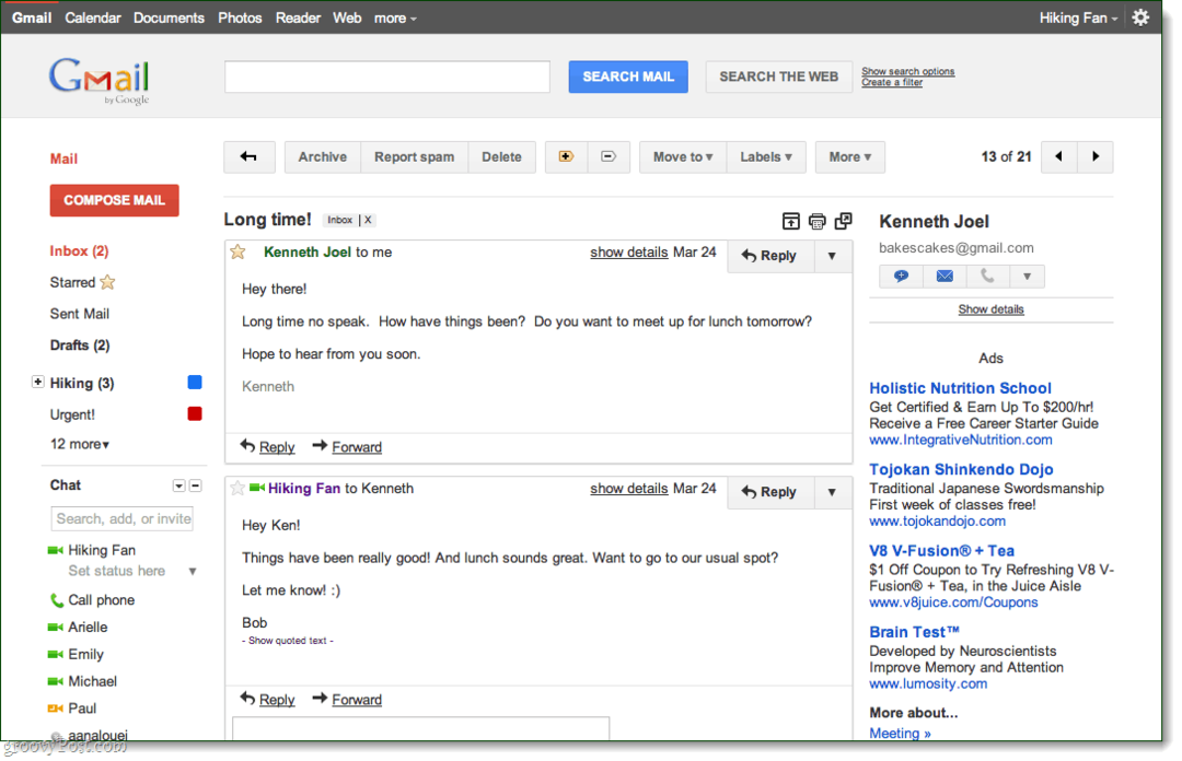 Tema de conversație previzualizată de Gmail