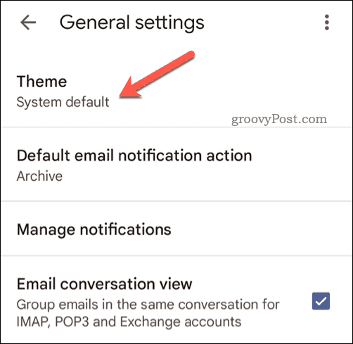 Selectați tema mobilă Gmail