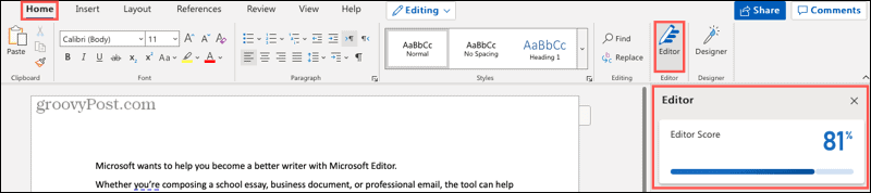 Butonul și bara laterală Microsoft Editor din Word online