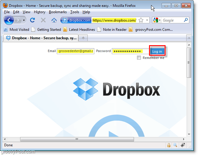 Captura de ecran Dropbox - conectare la dropbox