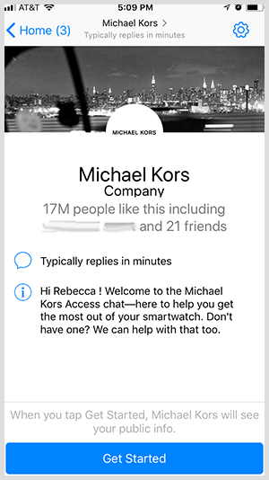 Pentru a opta pentru un bot Messenger precum cel de la Michael Kors, utilizatorii fac clic pe butonul Începeți.