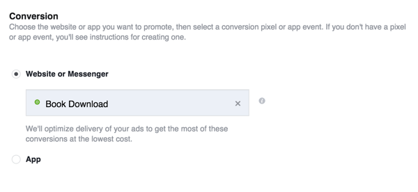 Când creați anunțul dvs. Facebook, selectați obiectivul Conversie și alegeți conversia personalizată pe care tocmai ați creat-o.
