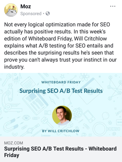 Tehnici publicitare Facebook care oferă rezultate, de exemplu, Moz oferind conținut de cercetare de marcă