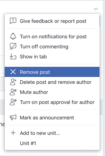 Cum să vă îmbunătățiți comunitatea de grup Facebook, opțiunea de meniu Facebook pentru a elimina o postare din grupul dvs.