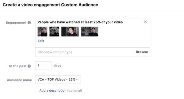 Creați publicul personalizat de Facebook al spectatorilor de videoclipuri, pasul 2.