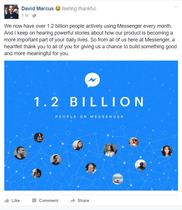 Facebook a dezvăluit că există în prezent peste 1,2 miliarde de oameni care utilizează activ Messenger în fiecare lună.