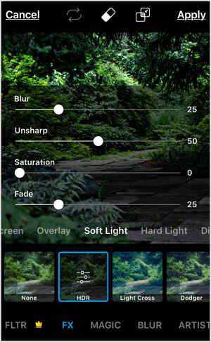 Ajustați intensitatea unui efect în aplicațiile mobile precum PicsArt.