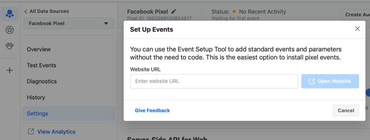 Instrument de configurare a evenimentelor Facebook