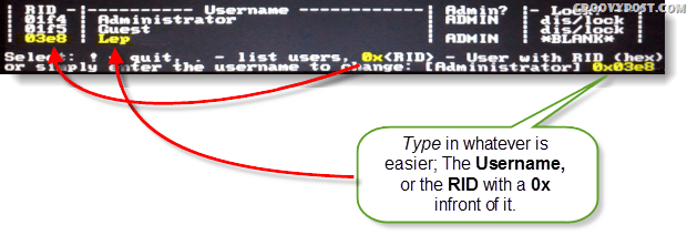 Selectați!, părăsi. - lista utilizatorilor, 0x <RID> - Utilizator RID (hex) sau pur și simplu introduceți numele de utilizator pentru a schimba: [Administrator]