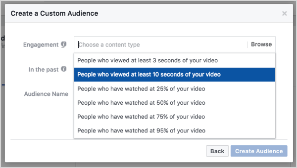 Audiență personalizată Facebook bazată pe vizionări video de 10 secunde.