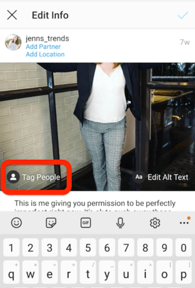 Opțiunea de etichetare a persoanelor afișată în partea de jos a unei postări pe Instagram de @jenns_trends