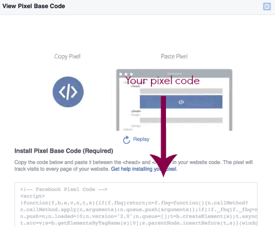 Copiați codul de pixeli Facebook direct din această pagină.