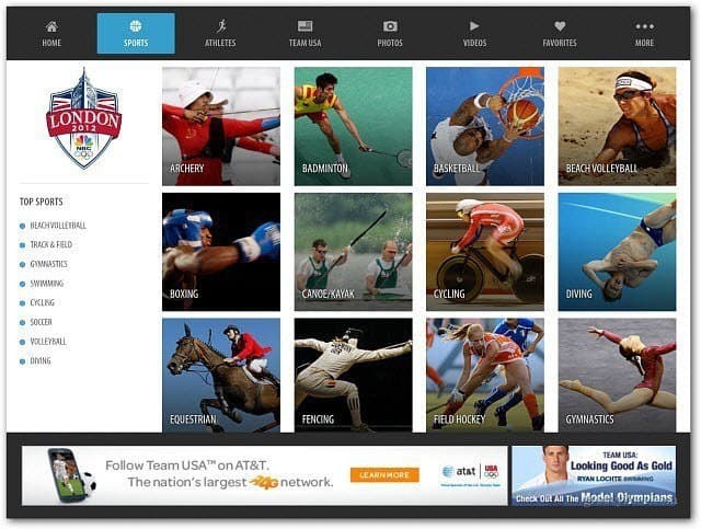 Aplicația NBC Olympics App iPad