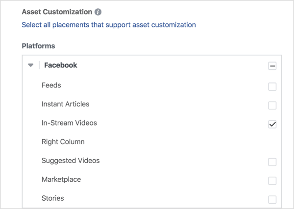 Dacă doriți să afișați anunțurile dvs. video numai pe Facebook, selectați Videoclipuri In-Stream sub Facebook.