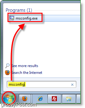 lansați msconfig.exe din meniul de pornire în Windows 7