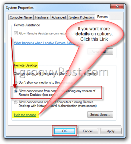 Windows 7 - Setări la distanță Activați butonul radio RDP
