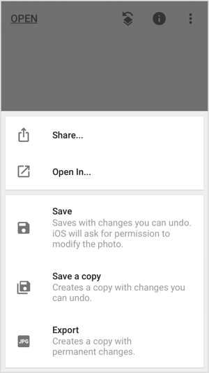 Partajați, salvați sau exportați imaginea în aplicații mobile precum Snapseed.