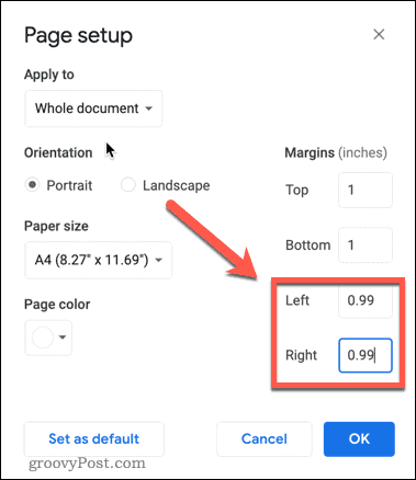 ajustați marjele în Google Docs