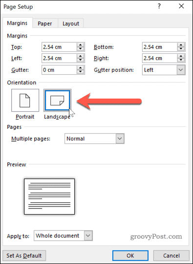 Setarea orientării paginii pe modul Peisaj în Word