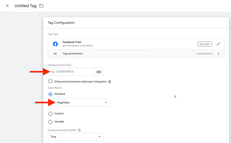 exemplu Google Tag Manager configurație nouă de etichetă cu tip de etichetă setat pe facebook pixel și câmpul de identificare facebook pixel evidențiat, împreună cu numele evenimentului selectat ca standard și setat la vizualizare de pagină