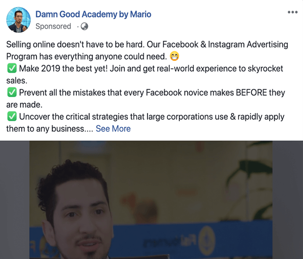 Cum se scrie și se structurează postări sponsorizate pe Facebook de formă mai lungă, problemă de tip 1 și soluție, exemplu de Damn Good Academy de Mario
